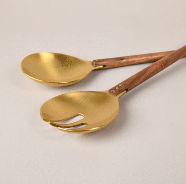 Salad server Brass with wooden handle - Image 2